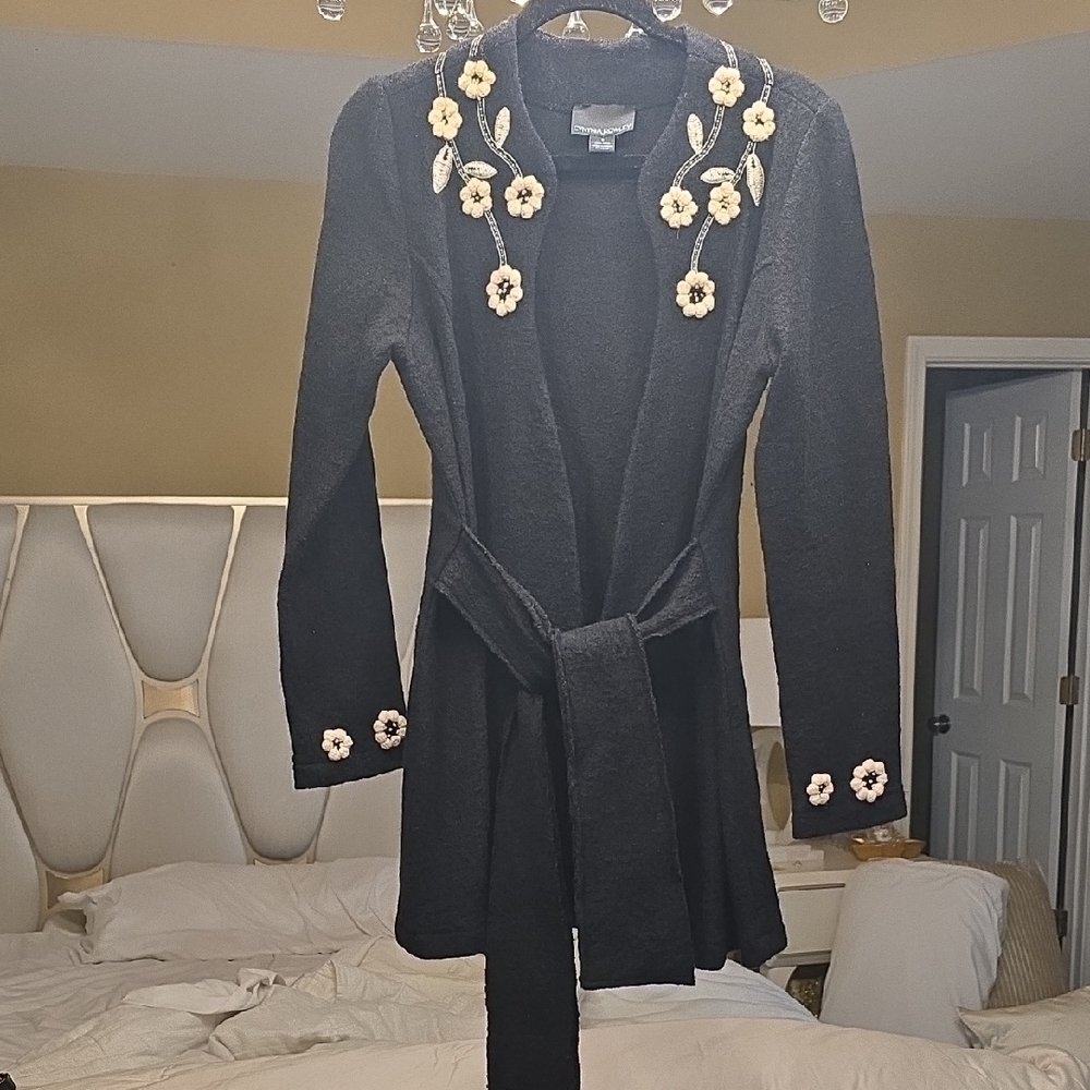 Cynthia Rowley Black Wool Dress Coat with Cream Floral Accents